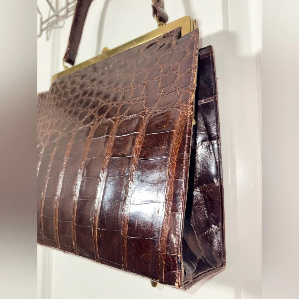 Vintage Vassar Genuine Alligator Satchel Handbag Brown - Picture 7 of 16